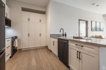 A kitchen with white cabinets and a black dishwasher.